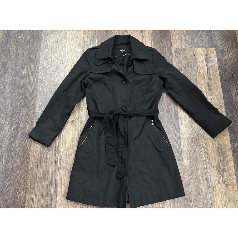 DKNY Donna Karan New York Black Belted Trench Coat Womens XS Zipper Pockets‎